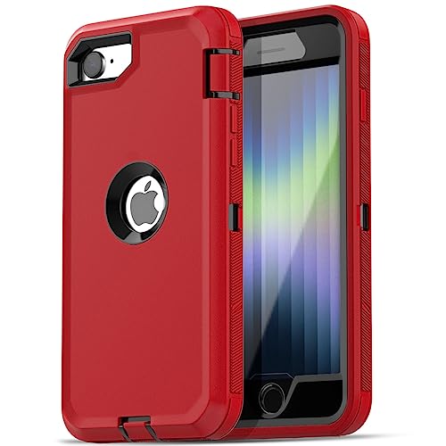 Image of AICase for iPhone SE Case 3rd & 2nd Generation, for iPhone SE 2022 /2020 Built-in Screen Protector Heavy Duty Protective Shockproof 3-Layer Full Body Rugged Phone Cover, Red /Black