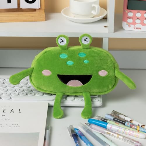 Image of HSYHERE Cute Novelty Funny Big Eyes Big Mouth Happy Smiling Green Frog Soft Stuffed Surface Fluffy Clothes Zipper Pencil Box Pencil Case Pencil Storage Holder Pouch Pen Bag -Laughing