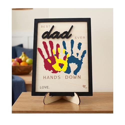 Best Dad Ever Hands Down Sign Personalized Fathers Day Birthday Gifts Handprint Wooden Plaque Dad Gifts from Daughter Son Birthday Gifts Dad Art Sign Home Decoration (Best Dad Middle)