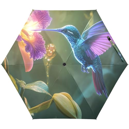 Quteprint 5 Fold Travel Umbrella for Rain Sun & UV Protection, Bird Hummingbird Flower Windproof 6 Ribs UPF 50+ Compact Lightweight Folding Umbrella for Adults & Kids