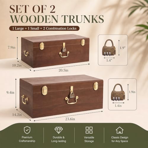 Image of Novabright 2 Pack Wooden Storage Trunks, Lockable Keepsake Chests