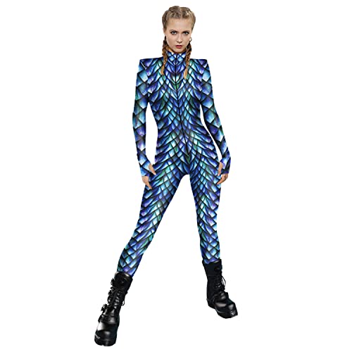 YESBOR Women's Full Bodysuit Halloween Cosplay Costumes 3D Skinny Catsuit Scales/Blue L