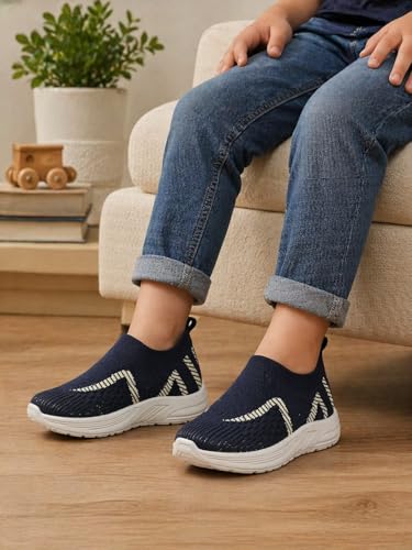 Image of Kids Navy Blue Knit Slip-On Sneakers for Boys | Lightweight Breathable Casual Walking Shoes with Geometric Pattern & Cushioned Sole