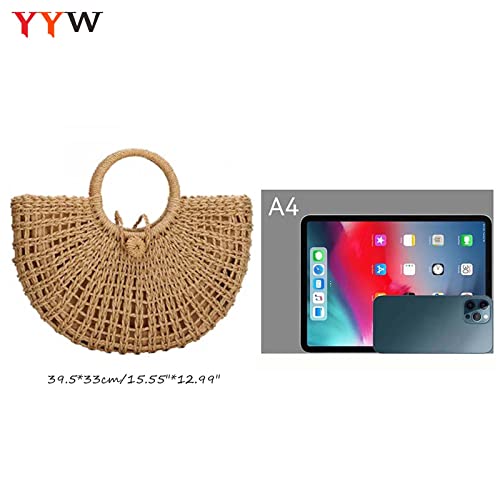 YYW Rattan Bags for Women,Hand-woven Straw Large Hobo Bag Round Handle Ring Tote Retro Summer Beach Rattan Tote (Khaki)