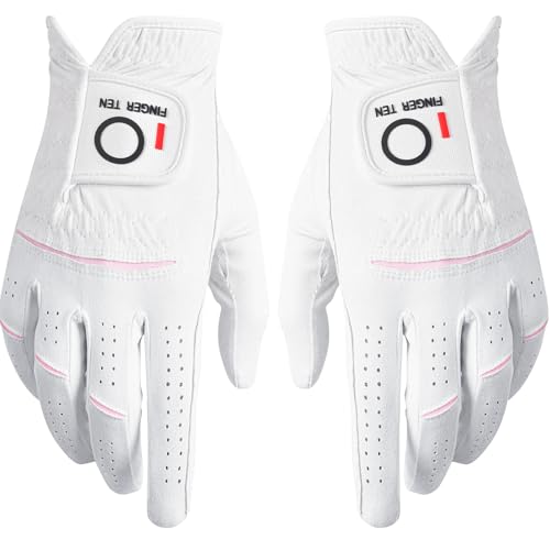 Finger Ten Womens Ladies Golf Rain Gloves Pair Both Hand Or 2 Pack Left Right Hand, Wet Hot Cool Grip, Fit Small Medium Large Xl (White, Medium, Ambidextrous)