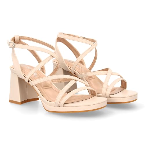 shoes&blues.es 96904 Sandalia de Tacon para Mujer con Diseno de Tiras Cruzadas Finas, Elegante para Eventos con Cierre de Hebilla. Beige Talla 37