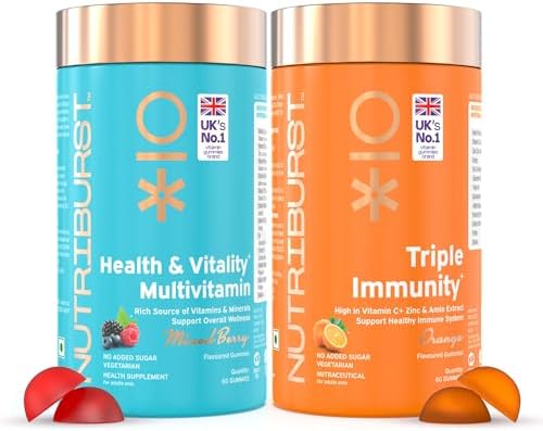 Nutriburst Daily Immunity Boost Combo: Health & Vitality Multivitamin Gummies + Triple Immunity Gummies with Vitamins, Zinc & Amla Extract | Daily Wellness & Energy | No Added Sugar (Pack of 2X60)