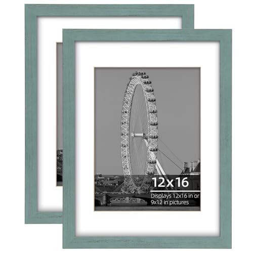 DUCIHBA 12x16 inch or 9x12 with Mat Poster Picture Frame Set, Wire Brush Distressed Teal Blue Wood Border, Wall Mount Vertically or Horizontally, Safe Plexi Glass, 2 Pack