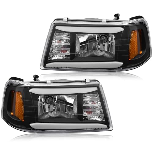 Upgraded Headlight Assembly with Corner Light Compatible with Ford Ranger 2001-2011 Headlamp Pair of Integral Replacements with LED DRL Tube Light Bar Black Housing Amber Corner Left+Right
