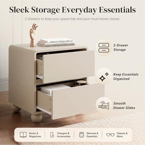 Image of Furniway Beige Nightstand Set of 2, Modern 2 Drawer Bedside Table with Curved Profile Design and Handle-Free Drawers, Modern End Table with Storage for Bedroom
