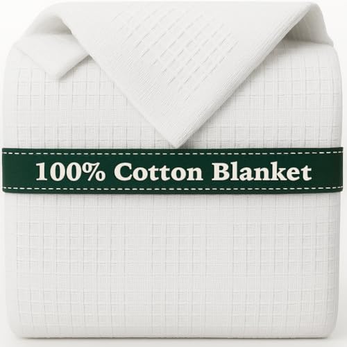 100% Cotton Blanket Twin Size 66x90 - Lightweight Breathable Waffle Weave Thermal Throw for Bed, Sofa & Couch - Soft Cozy, Durable Summer Bedding, All Season Comfort for Home, Travel & Camping, White