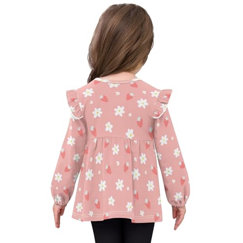 Strawberry White Flower Girls Shirts Cotton Long Sleeve Ruffle Toddler Tee Tops4
