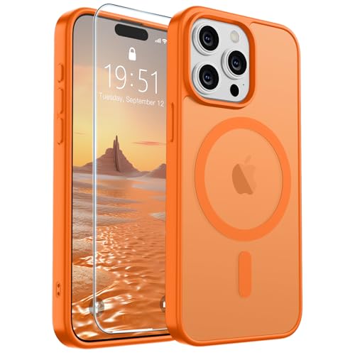 Image of SUPFINE Magnetic for iPhone 15 Pro Max Case with Screen Protector (Compatible with MagSafe) (Military Grade Drop Protection) Translucent Matte Shockproof Phone Cover,Starry Orange