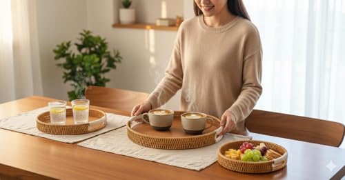 Image of Elegant and Versatile Set of 3 Decorative Serving Trays for Kitchen, Dining, Coffee Table, and Home Dcor in Round Shape with Natural Wooden Clour