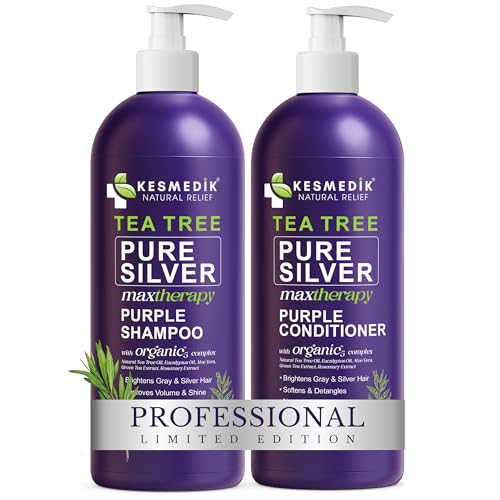 KESMEDIK Tea Tree Purple Shampoo & Conditioner Set, Professional Anti-Brass Toner, Neutralizes Yellow Tones for Grey, Silver, Ash & Bleached Highlighted Color Treated, Dry & Itchy Scalp Relief