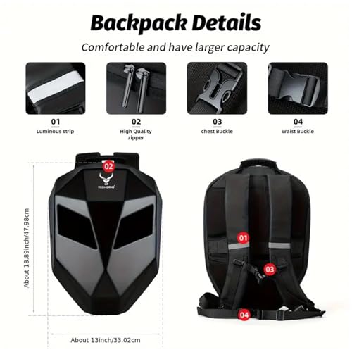 Image of REDHORNS LED Laptop Bag Motorcycle Riding Backpack, Hard Shell LED Motorbike Rider Waterproof Backpack, for Travelling Camping Cycling Travel Bag - Black