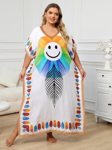 Image of KECVOT Kaftan Dresses for Women V-Neck Print Swimsuit Cover Up Plus Size Beach Caftan Lounge Dress