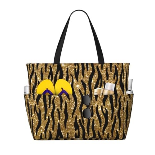 Grand sac de plage imprimé animal et paillettes dorées pour femme
