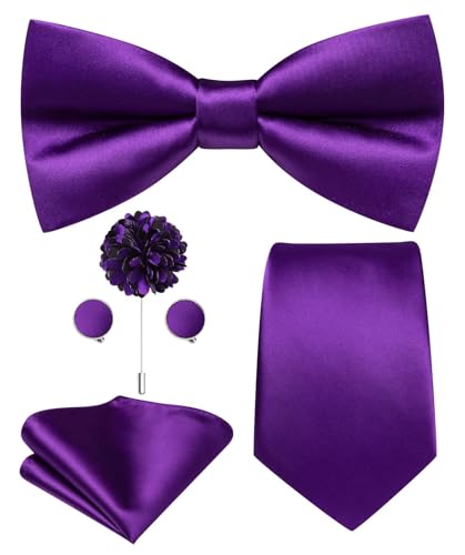 Image of Hi-Tie 5Pcs Mens Solid Color Silk Tie Satin Pretied Bowtie Lapel Pin for Men Handkerchief Cufflink Wedding Gift Box