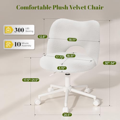 Image of DurayLoly Vanity Chair with Open Back & Wheels White | Swivel, Fluffy Teddy Fabric, Height Adjustable,300lbs for Makeup Room, Vantiy, Bedroom
