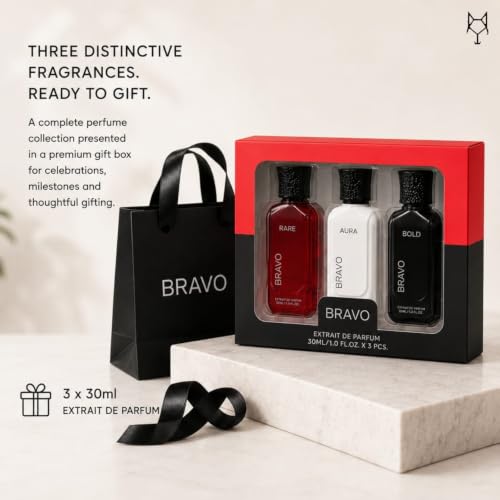 Image of Bravo Premium Extrait De Parfum Luxury Combo Set (3 x 30ml) - Bold (Cognac & Toffee), Aura (Fresh Aquatic Citrus), Rare (Caramel & Vetiver) | Long Lasting Intense Fragrance Gift Pack for Men & Women