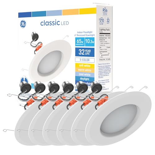 GE LED Recessed Downlight Fixture, RS6 Indoor Floodlight, 6-Inch, Multiple Color Temperatures, 65 Watt Replacement (6 Pack) by GE - Used condition - US$29.41