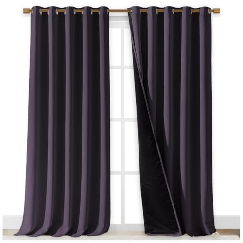 Image of NICETOWN 100% Blackout Curtains for Windows, Pack of 2, 70 inch W x 108 inch L, Greyish Purple, Super Heavy-Duty Black Lined Total Darkness Drapes for Bedroom, Privacy Assured Window Treatment for Patio