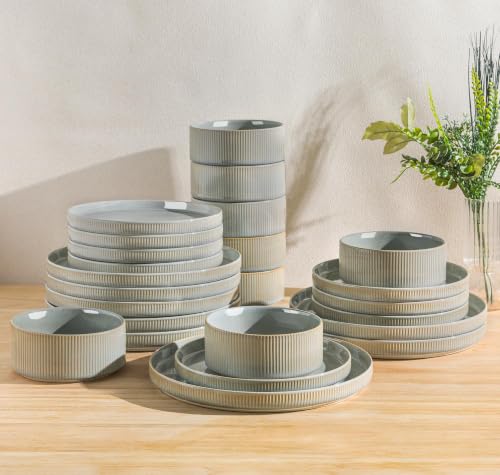 Image of TheTerra Ceramic Dinnerware Set for 8, 24-Piece Plates and Bowls Set | Lightweight Porcelain Dish Set, Scratch Resistant, Oven & Microwave & Dishwasher Safe, Desert Sage