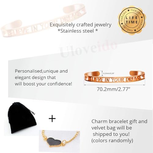 Image of Uloveido Fashion Cuff Encouragement Bracelets for Women with Quote Believe In Your Dreams Hollow Bangle Cuff Bracelet Rose Gold Plated for Women Encouragement Gifts Y467