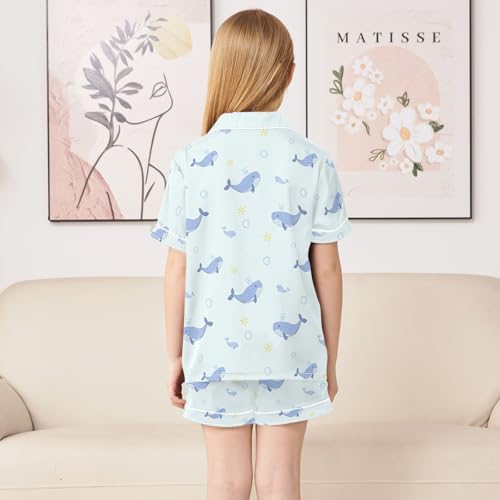 Cute Cartoon Blue Whale Summer Satin Pajama Set, Cute Button-Down Sleepwear Pj Set for Sleep Wears4