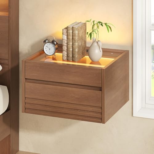 Sikaic Floating Nightstand Wall Mounted with Touch Control LED Light and Charging Station Fluted Glass Drawer with Soft Liner Mid Century Modern Bedside Table for Small Spaces Bedroom Brown