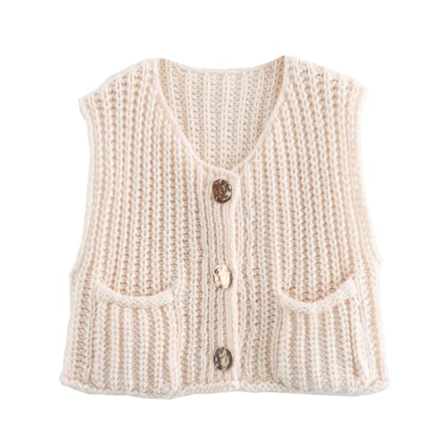 UAURORAO Women Chunky Sweater Vest Button Down Crochet Cable Knit Cardigan Sleeveless Open Front Knitted Crop Waistcoat