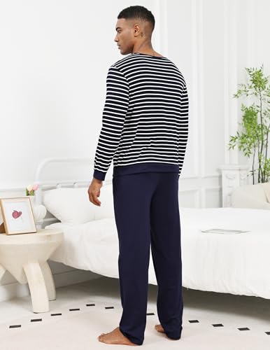 Men's Pajama Set 100% Cotton Mens Pjs Sets Long Sleeve Stripped Top and Pants Sleepwear Lightweight Soft Loungewear3