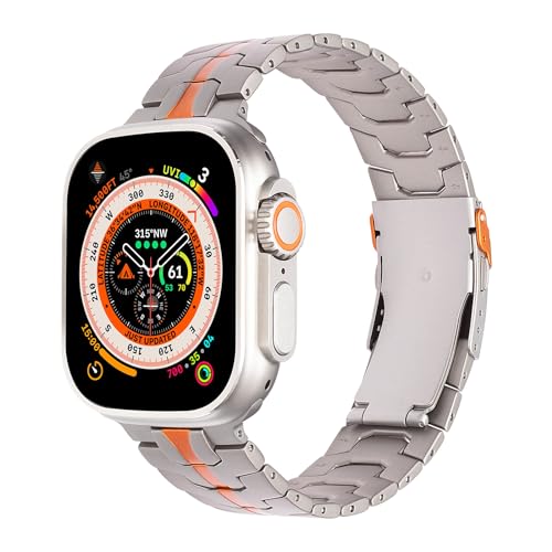 SEURE Titanium Band Compatible with Apple Watch Ultra 2 Band 49mm 45mm 44mm 42mm For Men,Luxury Wristbands Lightweight Strap for iWatch Series 9 8 7 6 5 4 SE,Titanium/orange