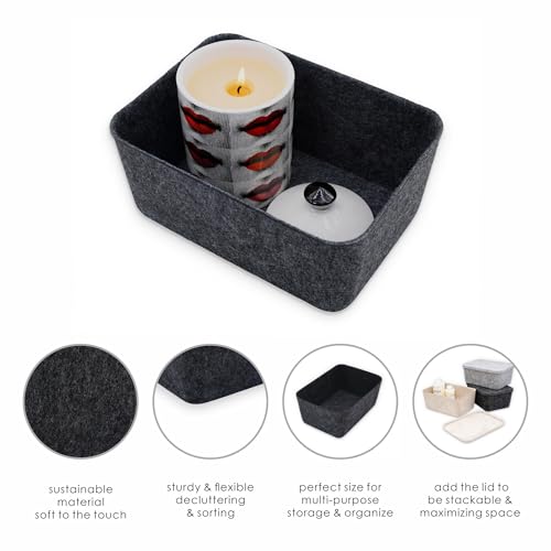 Image of Welaxy Felt deep Storage Bins lidded Drawer Organizer Caddy for junk stuff stationery makeup jewelry closet bathroom minimalist lifestyle (Charcoal Bin, S)