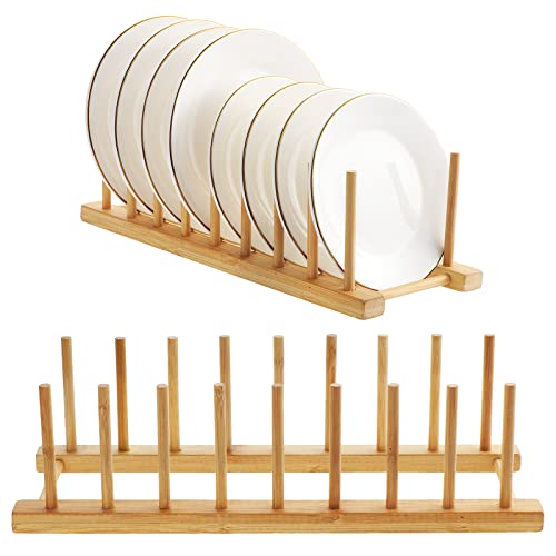 TsunNee 2PCS Bamboo Rack Holder Dish Drainer, 8 Slots Stand Drainer, Dish Rack Dish Stand, Dish Drying Rack Dish Shelf, Kitchen Counter Storage Holder for Plate Cup Pot Lid