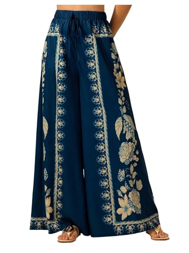 Women's Floral Palazzo Pants Tie Front Elastic High Waist Boho Loose Flowy Vacation Trousers