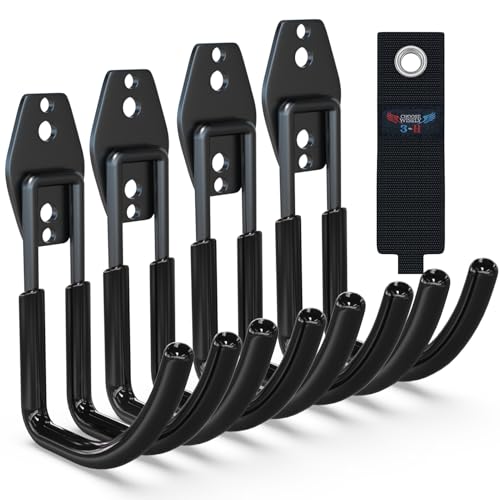 3-H Ganchos de pared para garaje, ganchos dobles, 4 unidades, ganchos de pared, resistentes para escaleras, herramientas, manguera, herramientas eléctricas, color negro