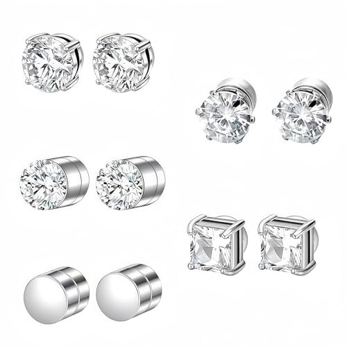 5 Paar Magnet Ohrstecker Fake Ohrrings Magnetischer Ohrstecker Intarsien Nicht Durchbohrend Kein Piercing Magnetische Ohrringe für Herren Mann Damen Chirurgenstahl Rund/Quadratisch (Silber)