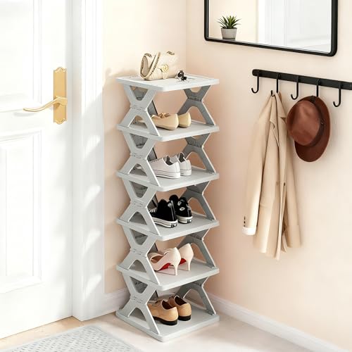 Image of 6 Tier Collapsible Shoe Rack for Kids, kids shoe rack toddler shoe organizer Vertical Foldable Shoe Organizer for Front Door Entrance (GREY)