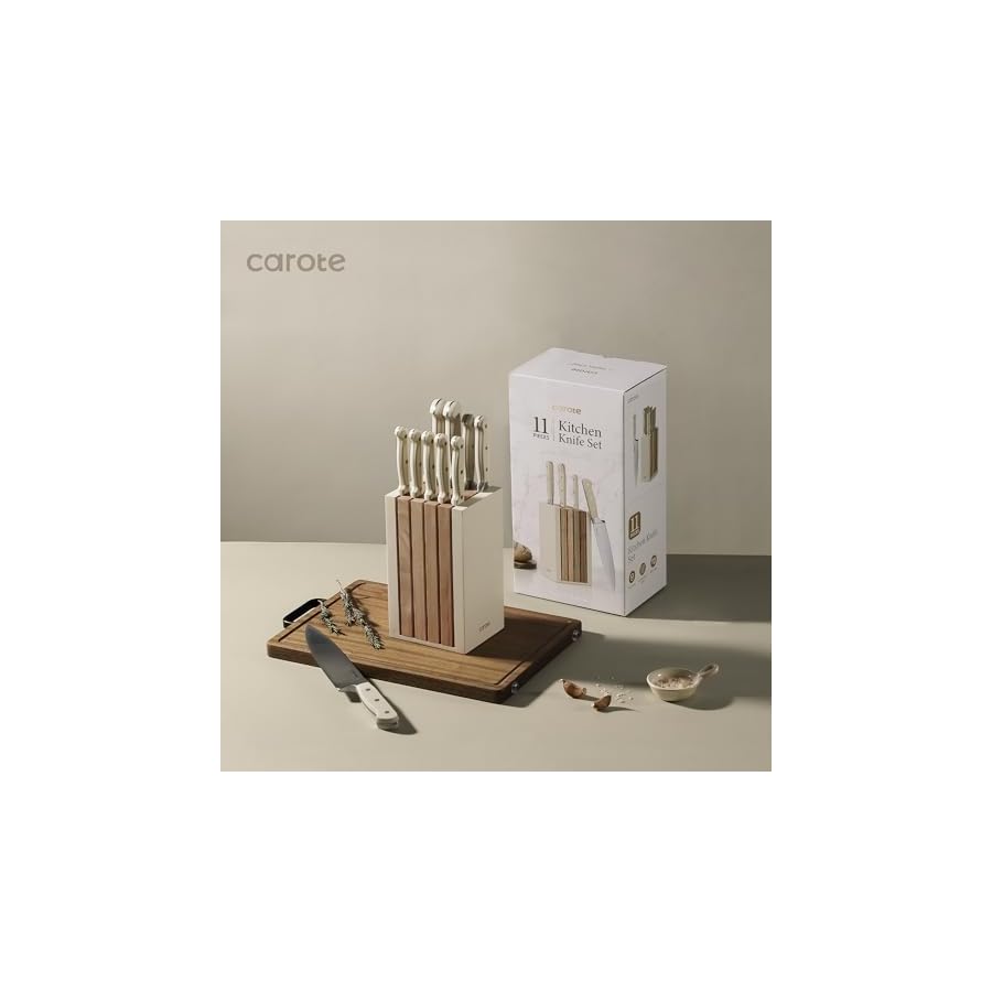CAROTE-11PCS-Knife-Set-with-Block-for-kitchen-Stainless-Steel-Razor-Sharp-Blade-Triple-Riveted-Ergonomic-HandleEssential-Knife-Set-Beige CAROTE 11PCS Knife Set with Block for kitchen, Stainless Steel Razor-Sharp Blade, Triple Riveted Ergonomic Handle,Essential Knife Set, Beige