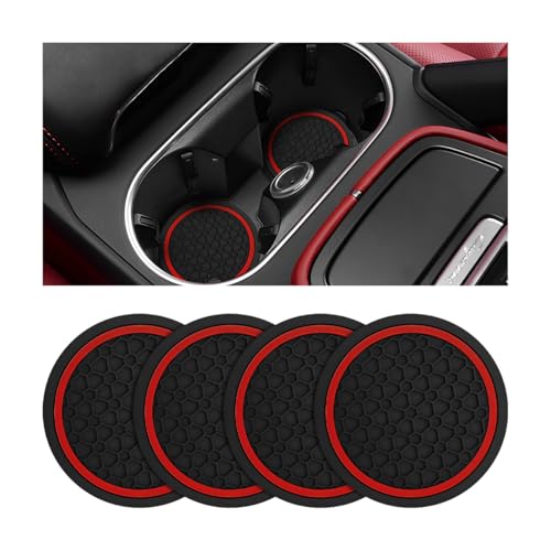 KHGUZ 4PCS Car Cup Coasters, Non-Slip Automotive Insert Cup Holder Pad, Waterproof Dustproof Vehicle Interior Decorative Embedded Drink Mat Accessories, Universal for RV, SUV, Truck (Black/Red)