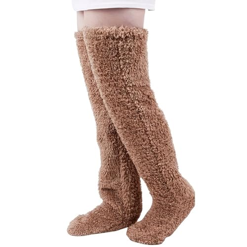 Valicaer Goose Down Knee Socks for Christmas Warm Plush Knee High Socks for Women Long Fuzzy Leg Warmers Winter Over-Knee Stockings for Women