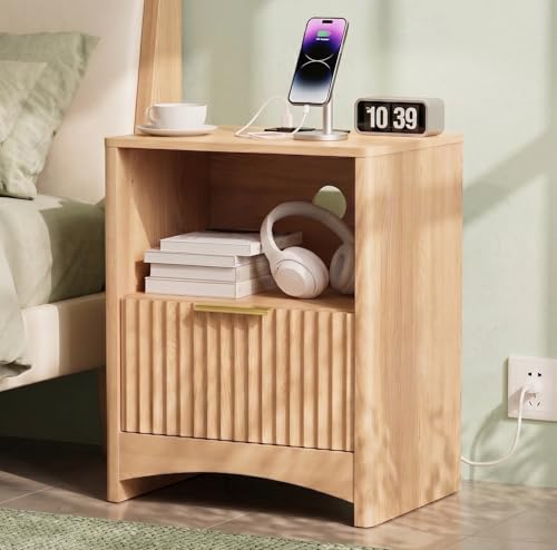 Image of Marsail Fluted Nightstand, Wooden Nightstands with Drawers, Modern Bedside Table with Charging Station and Storage, End Table with Storage Side Table for Bedroom, Oak