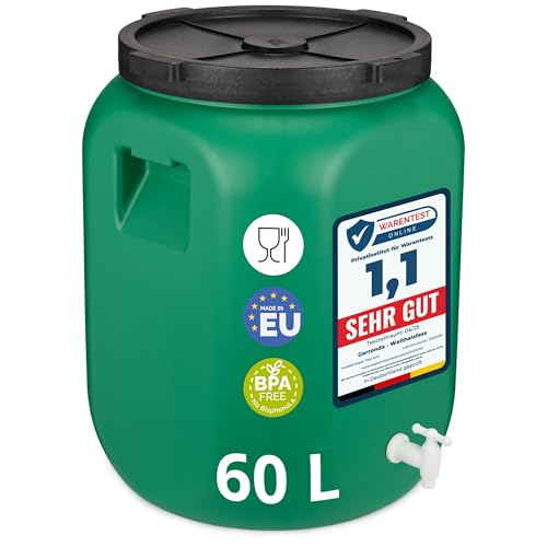 Garronda 60 litros con grifo Bidón de plástico, Barril alimentario en HDPE y sin BPA, depósito de agua, Barril universal de boca ancha, tonel de jardín, Contenedores de almacenamiento GD-0142, Verde