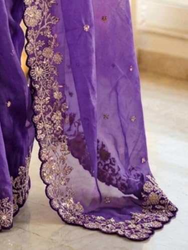 Image of SIRIL Women's Shimmer Georgette Scalloped Border Sequins Embroidery Saree with Unstitched Blouse Piece