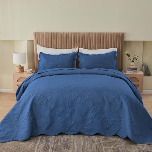 Image of Kingnex Oversized King Bedspreads 128x120 for Extra Wide Tall King or Cal King Bed Ultrasonic Quilted Coverlet Set 3 Piece Include 1 Quilt 2 Pillowcases Navy