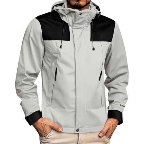 Jackets Men, Men's Lightweight Active Water Resistant Hooded Rain Jacket Colorblock Hiking Windbreaker Mens Yellow Raincoat Men Big Zip Up Bomber For Fashion (L, Khaki)