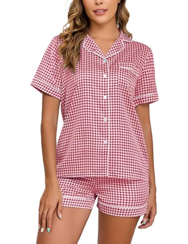 Veseacky Plaid Satin Short Top Button Down Pocket Casual Loungewear Sleepwear for Women (Red Grid,XXL)