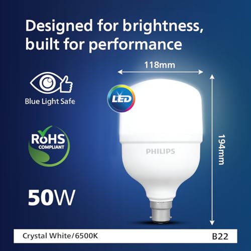 Image of Philips 50-watt LED Bulb Factory Pack |AceBright High Wattage LED Bulb|Base: B22 Light Bulb for Home | Crystal White, Pack of 6